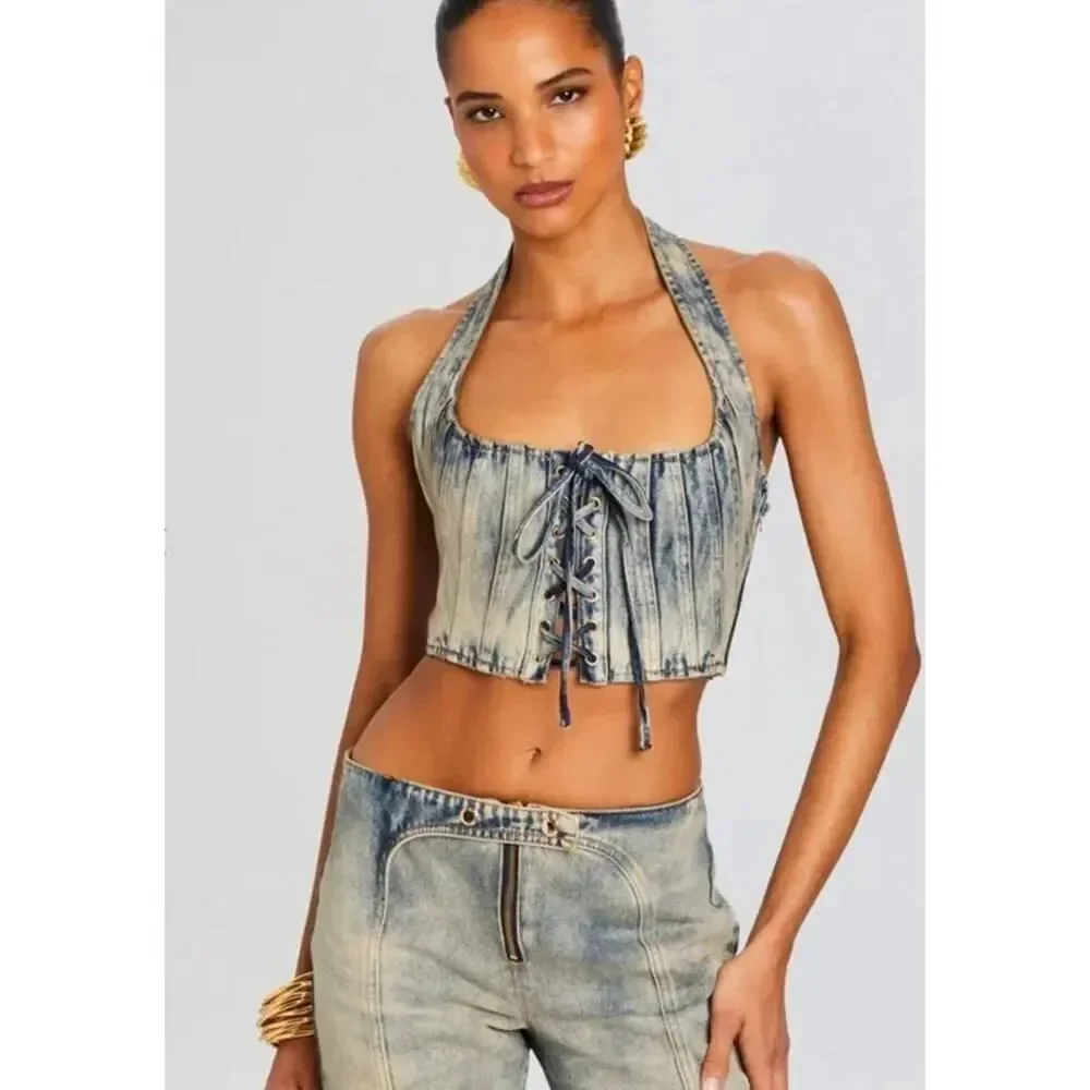 NWT Retrofete Bandit Denim Halter Corset Top Amalfi Lace Up Crop Size S